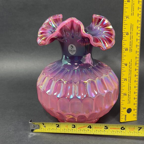 Vtg Frank Fenton Art Glass Plum Pink Carnival Iridescent Thumbprint Vase Signed - Picture 14 of 15